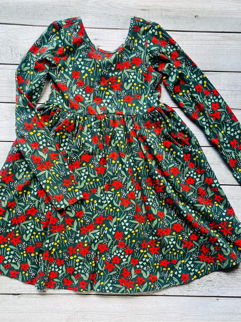 Tea Collection Green Long-Sleeve Dress with Red Floral Print